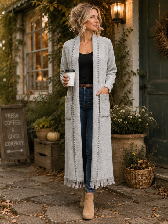VENUS Sweaters - Venus Gray Whipstitch Fringe Duster Cardigan Midi Open Front Size M Cozy Fall